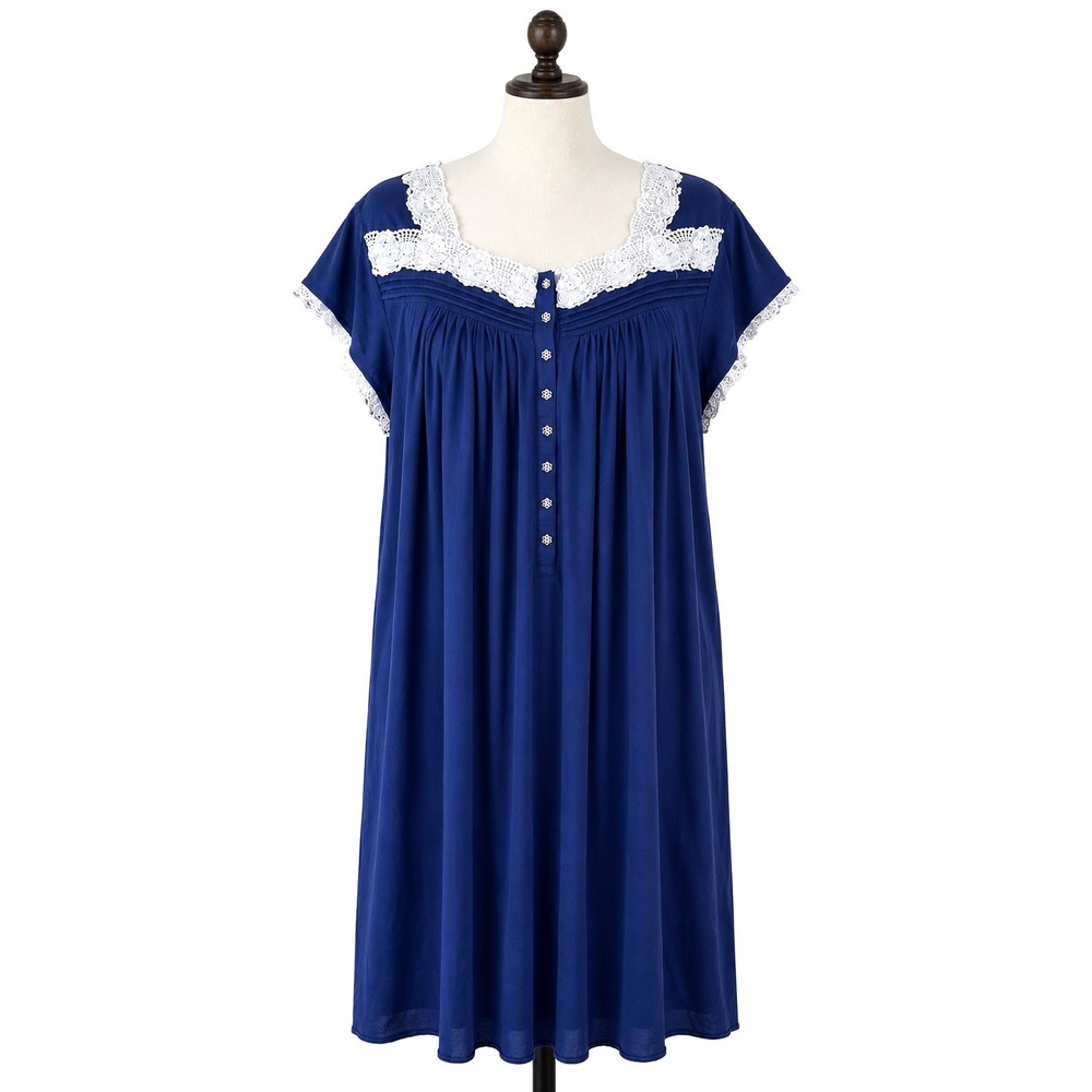 Eileen West Nightgown‎ XL Blue Cream Cotton Blend Lace Trim Buttons VGUC Chemise